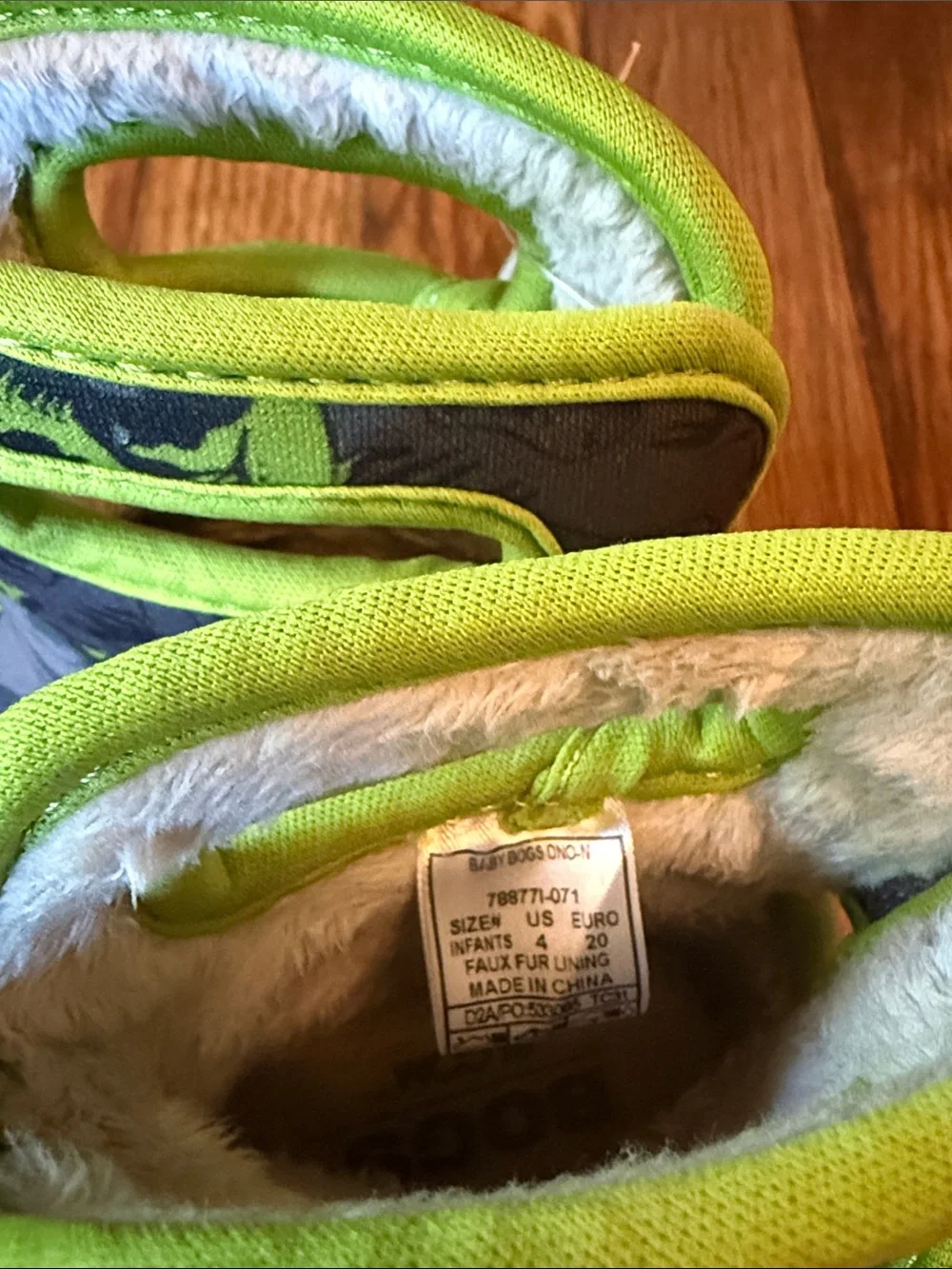 Bogs Kids Gray Rain Boots with Neon Green Trim and Dinosaur Print